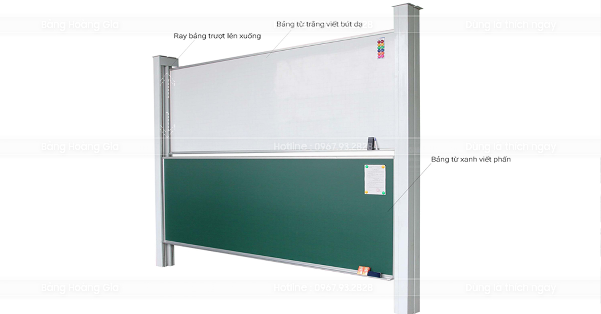 Bảng trượt dọc 2 lớp (bảng cột đôi) tăng vùng viết, trượt lên xuống êm cho lớp học giảng đường